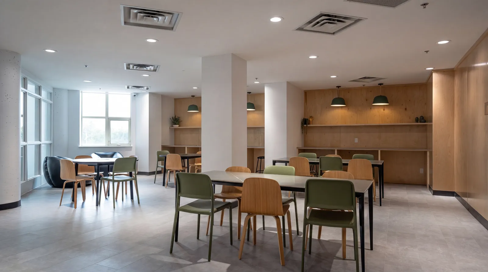 Maker space with plywood wall shelving, green pendant lights and shared tables with green and wood chairs