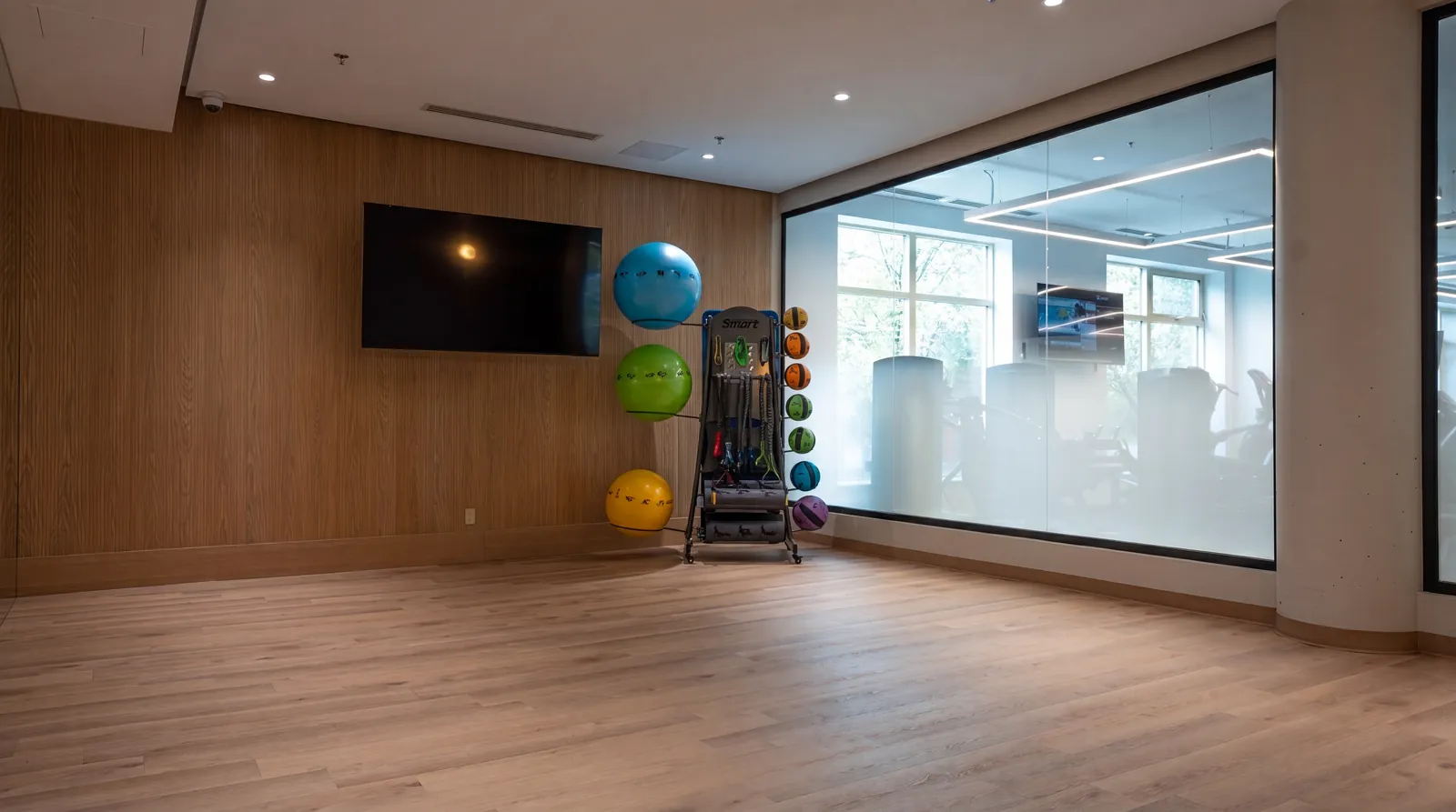 Yoga studio with wood-look flooring, warm wood wall panelling, a wall-mounted TV and a rack of exercise balls