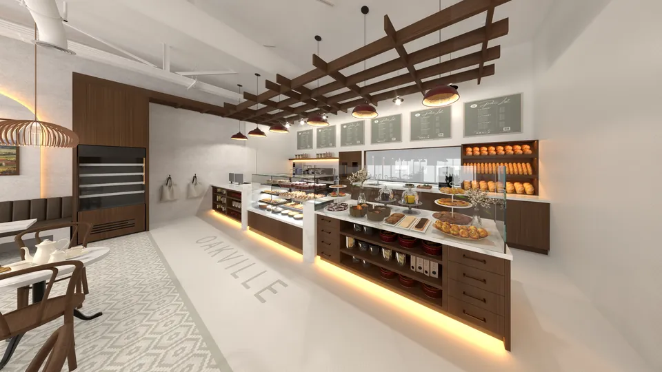 3D rendering of a café and bakery counter with pastry displays and pendant lights