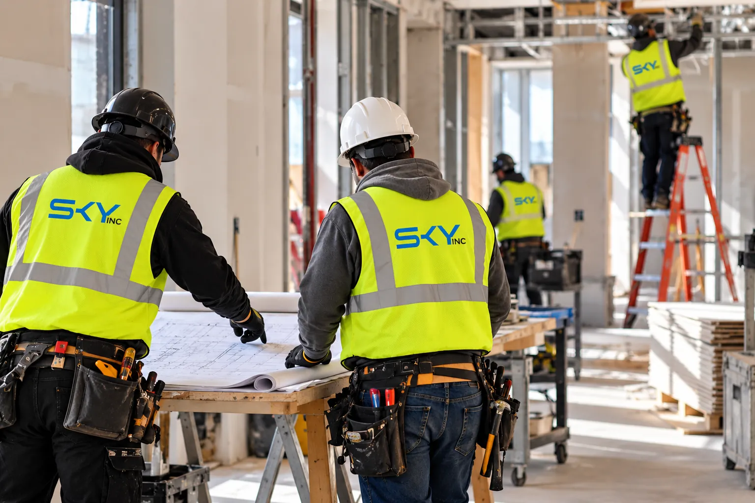 Site coordination — crews working from the drawings